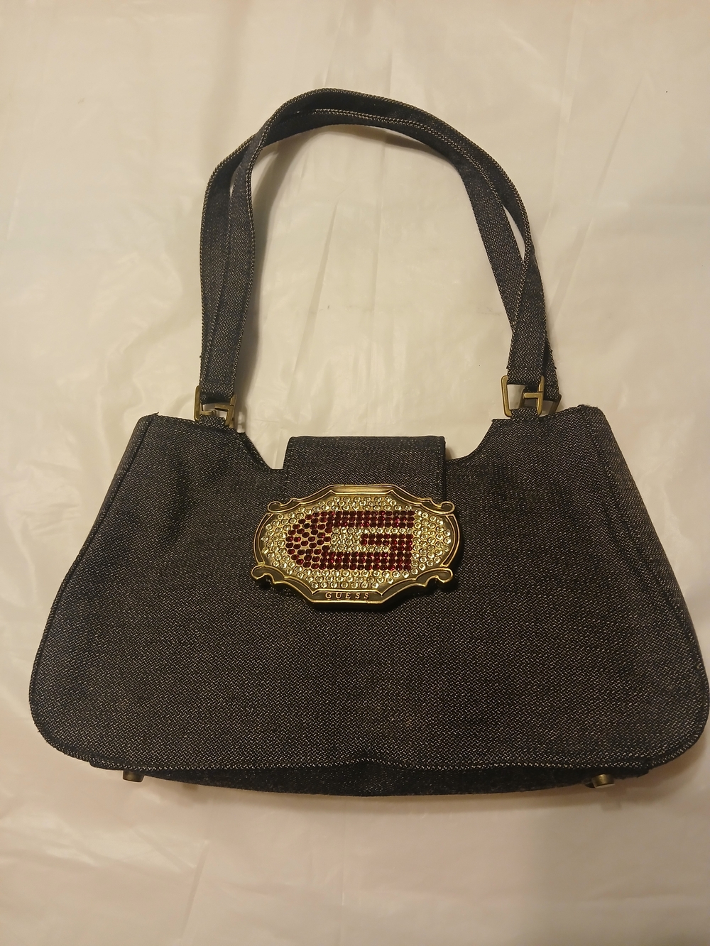 Guess Blue Denim Shoulder Bag with Gold Plaque and Red Crystal Detail